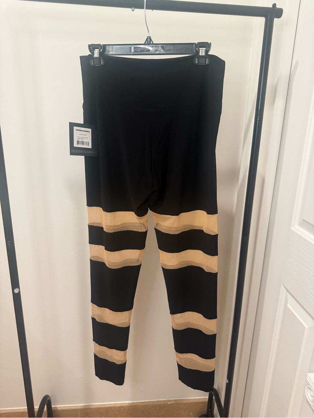 Norma Kamali Black Leggings with Sheer Beige Band Stripes